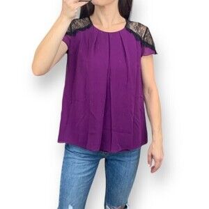 Alice and Olivia Silk Top Lace Shoulder Pleated Purple Blouse Flowy